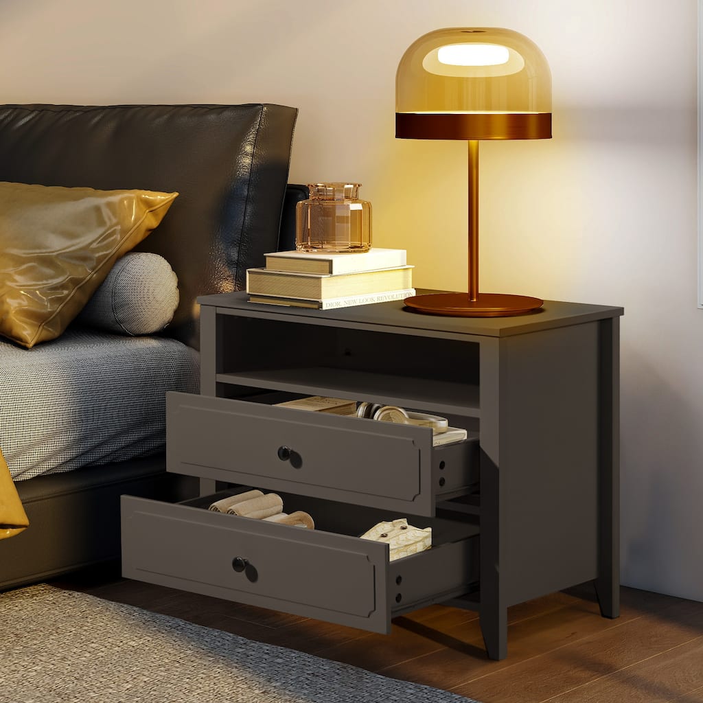 EROMMY Wide Nightstand – 2‑Drawer Bedside Table with Open Shelf, MDF Wood End Table for Bedroom Living Room