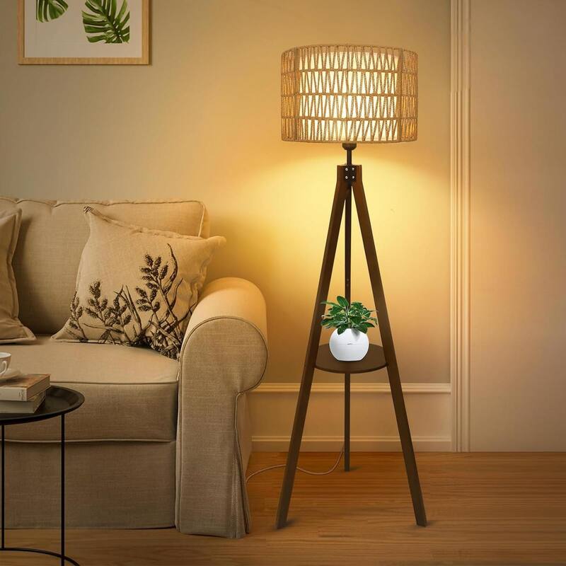 Bohemian Living Room Floor Lamp with Shelf and Rattan Shade - Brown