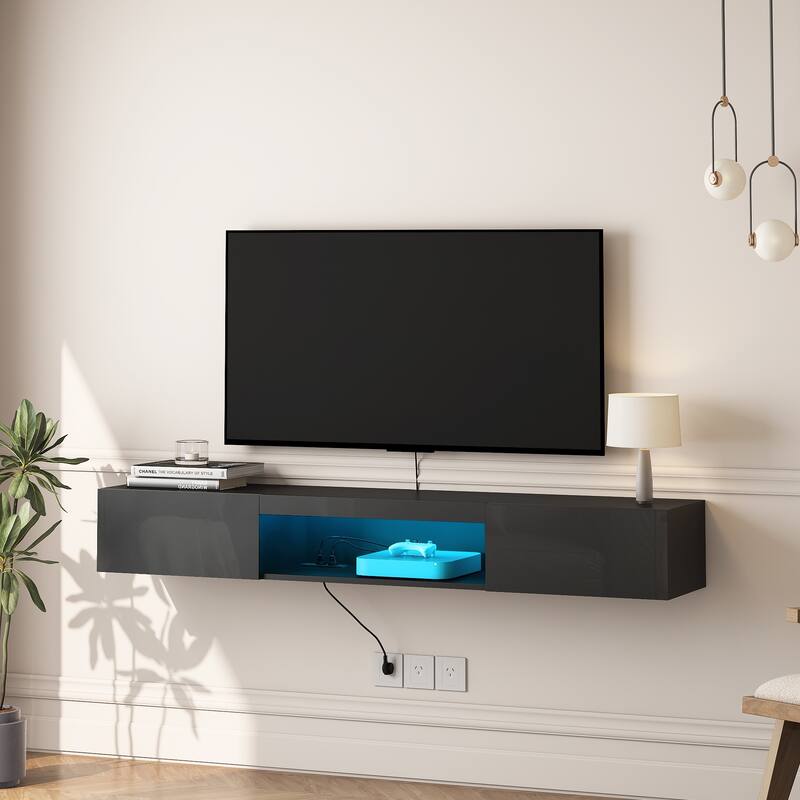 Floating TV Stand Wall Mounted with 16 Color LEDs, 63" Modern TV Stand, Entertainment Center with Open Storage Compartment