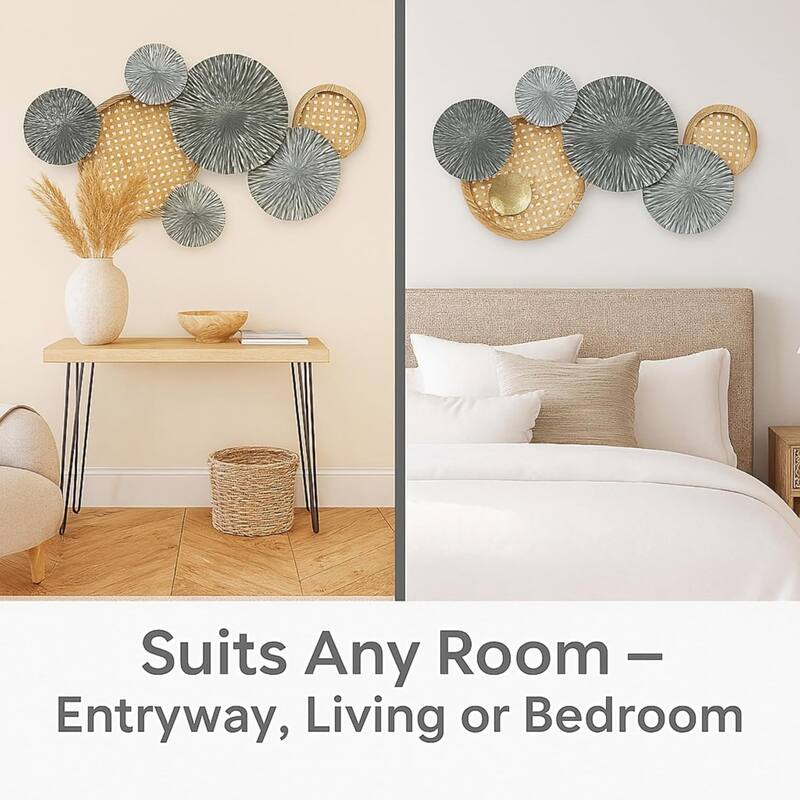 Gold Green Horizontal 3D Ring Metal Wall Art 35x19 Modern Decor