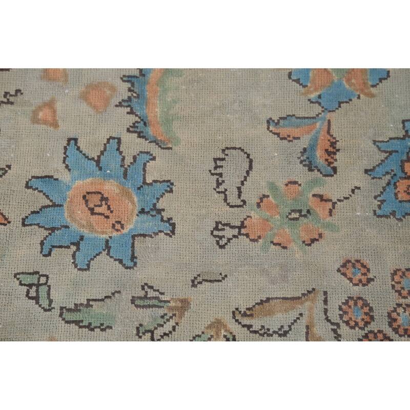 Floral Green Tabriz Persian Vintage Area Rug Hand-Knotted Wool Carpet - 9'7"x 12'11"