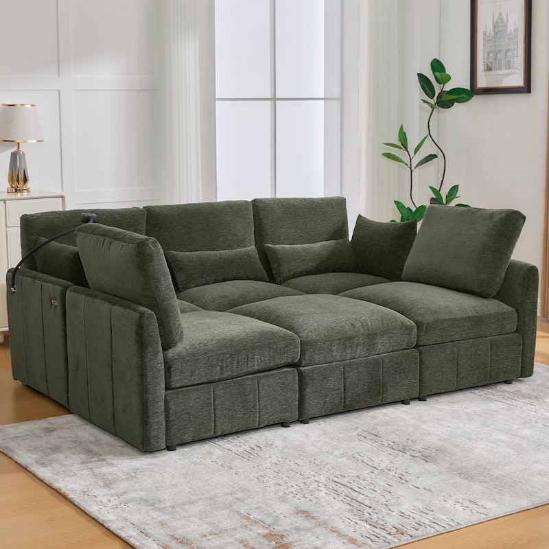 Modular Sectional Sofa with Movable Ottoman Convertible L-Shape or U-Shape Sofa Bed Built-in USB Charging Ports and Phone Holder
