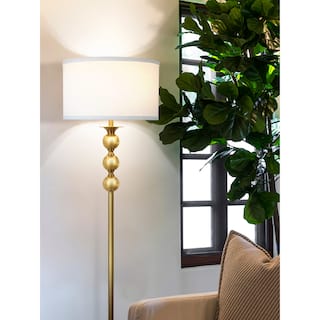 Brightech Riley 60 in. Antique Brass Mid-Century Modern LED Super Bright Floor Lamp with White Fabric Drum Shade