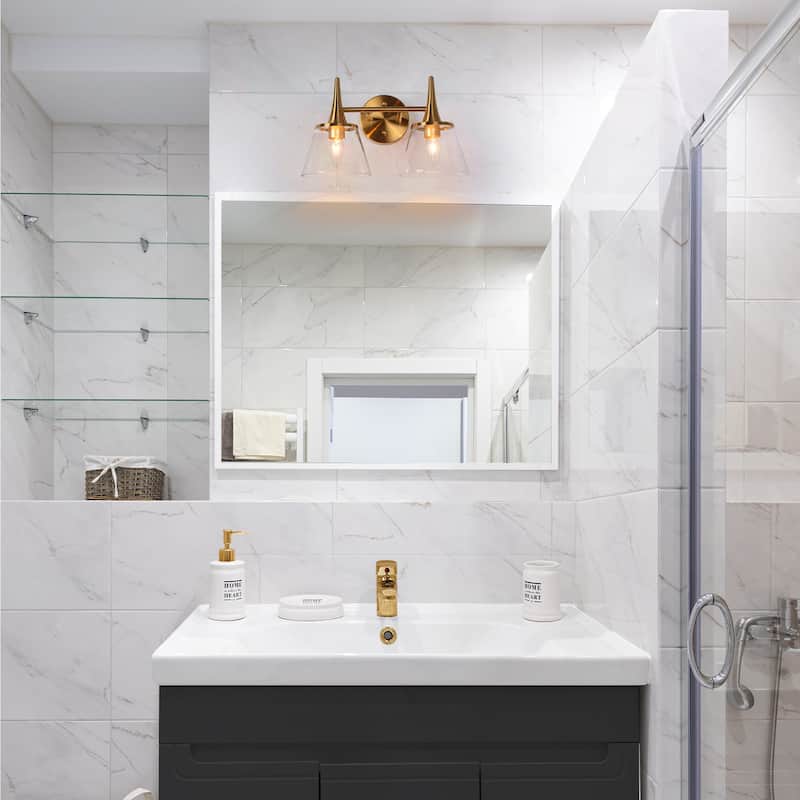 Mola Modern Gold 2-Light Bathroom Vanity Lights Seeded Glass Wall Sconces - L 14.2" x W 7.9" x H 9"