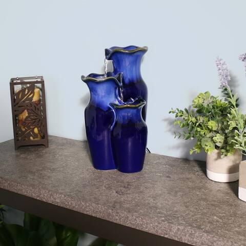 Tiered Blue Ceramic Glazed Pitchers Indoor Tabletop Fountain - 11"