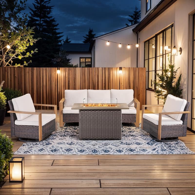 Pocassy 4 Pieces Outdoor Sofa Swivel Chair with Fire Pit Table Set - Beige cushion - Brown Wicker