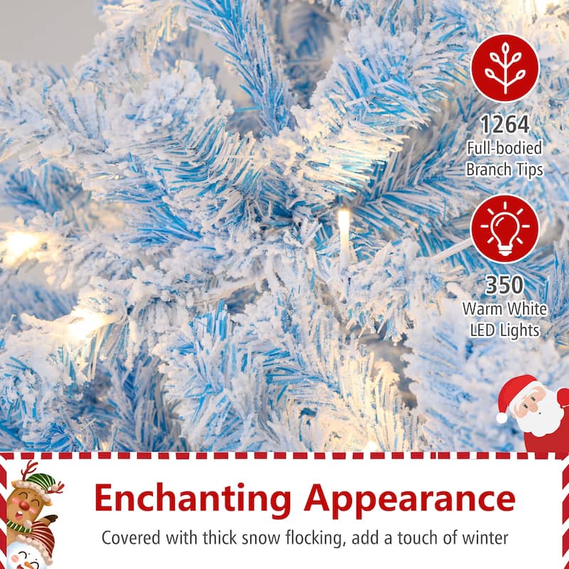 5/6/7/8 FT Pre-Lit Snow Flocked Christmas Tree Artificial Hinged Tree - Blue+White