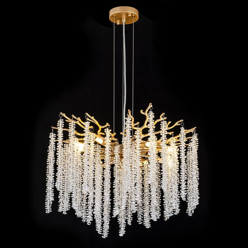 23.6" W 8-Light Modern Glam Tree Branches Style Crystal Raindrop Chandelier Hanging Light for Dining & Living Room
