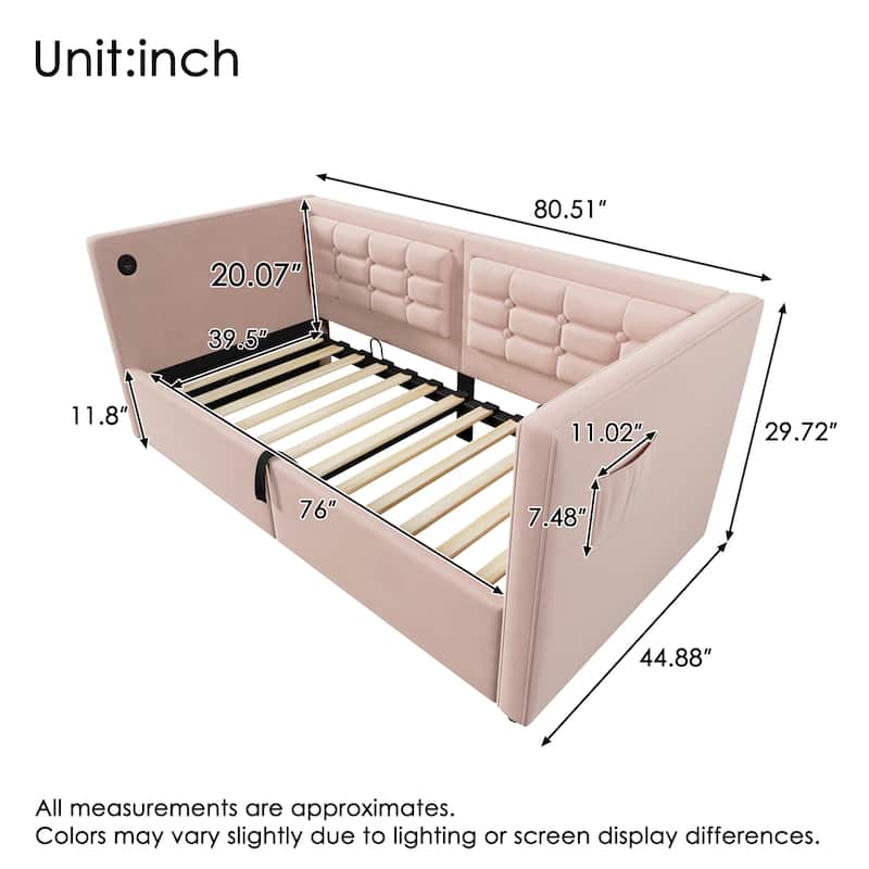 Upholstered Twin Daybed with Hydraulic Storage, USB & Type-C Charging, Velvet Frame with Wooden Slats