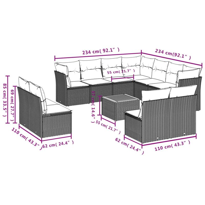 vidaXL Patio Sofa Set with Cushions Outdoor Furniture 12 Piece Poly Rattan - 24.4 x 24.4 x 27.2