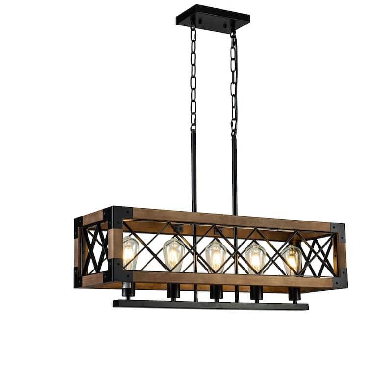 5-Light Farmhouse Square/Rectangle Kitchen Island Chandelier with Solid Wood Accent - 31.5*31.5*9.84 - Matte Black