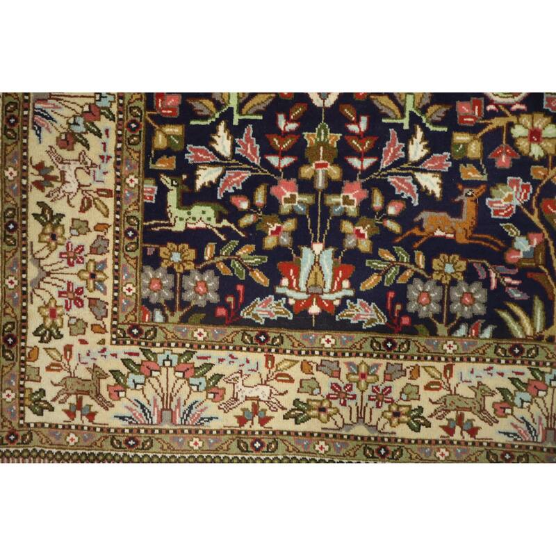 Hand Knotted Oriental 100% Wool Carpet Traditional Animal Pictorial Navy Blue & Blues Tabriz Area Rug - 7' 9'' X 6' 7''