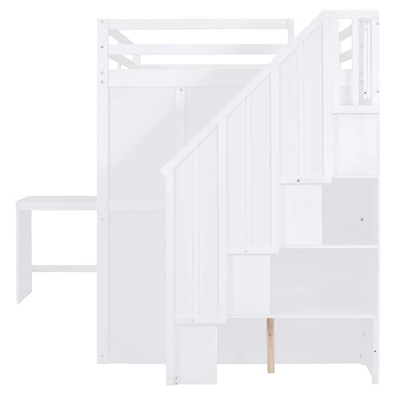 White Full Size Bunk Bed with Wardrobe, Desk, and Shelves for Kids