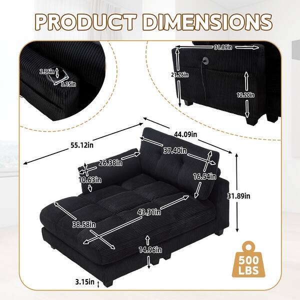 dimension image slide 2 of 6, Corduroy Lazy Chaise Lounge Upholstered Sleeper Chair Bed Daybed