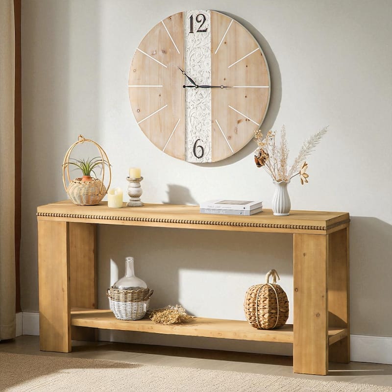 63" Boho Console Table with Beaded Trim, 2-Tier Rustic Farmhouse Entryway Table with Storage Shelf
