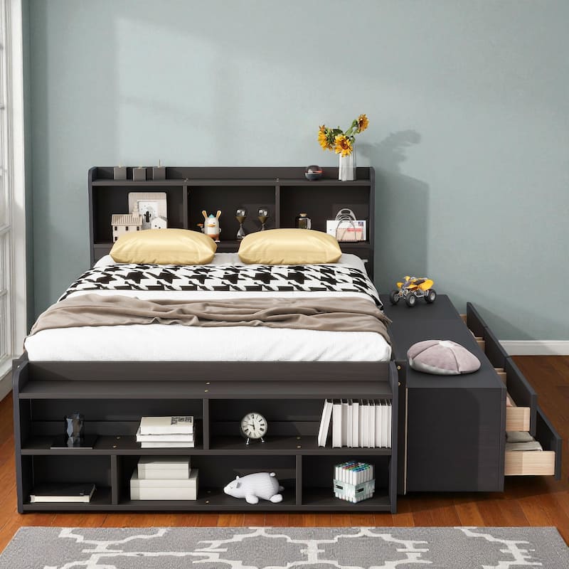 Full Size Wooden Storage Bed with Bookcase Headboard, 6 Drawers, and Bed-End Storage Case