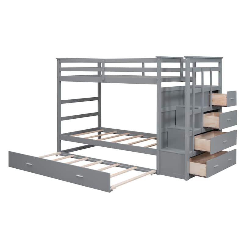 Twin Over Twin Bunk Bed with Trundle, Drawers and Storage Staircase