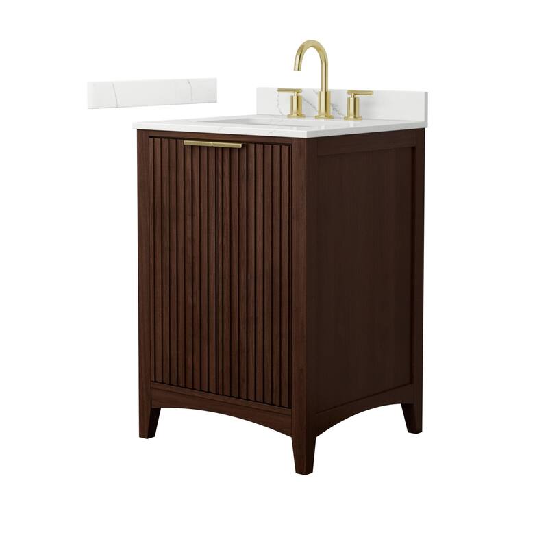 Wyndham Collection WCF9191-24S-QTZ-US3MXX Palmilla 24" Free Standing - Dark Walnut / Giotto Quartz Top / Brushed Gold