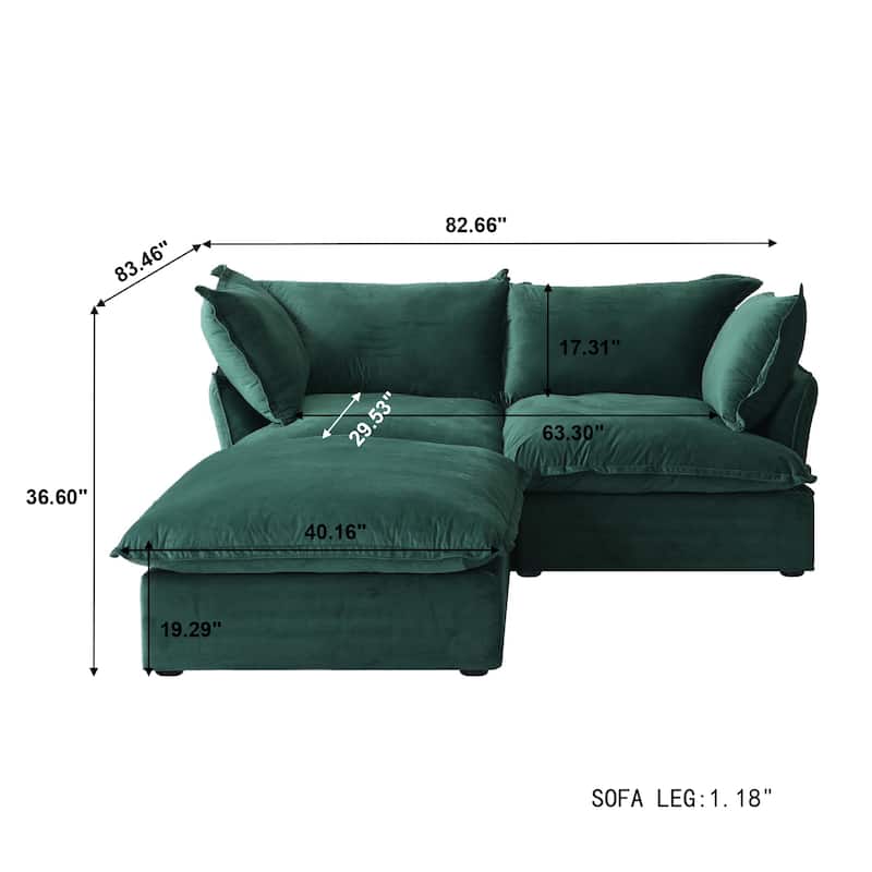Velvet Sectional Sofa, Comfy Down Feather Deep Seat Modular Lounge Couch With Storage Ottoman