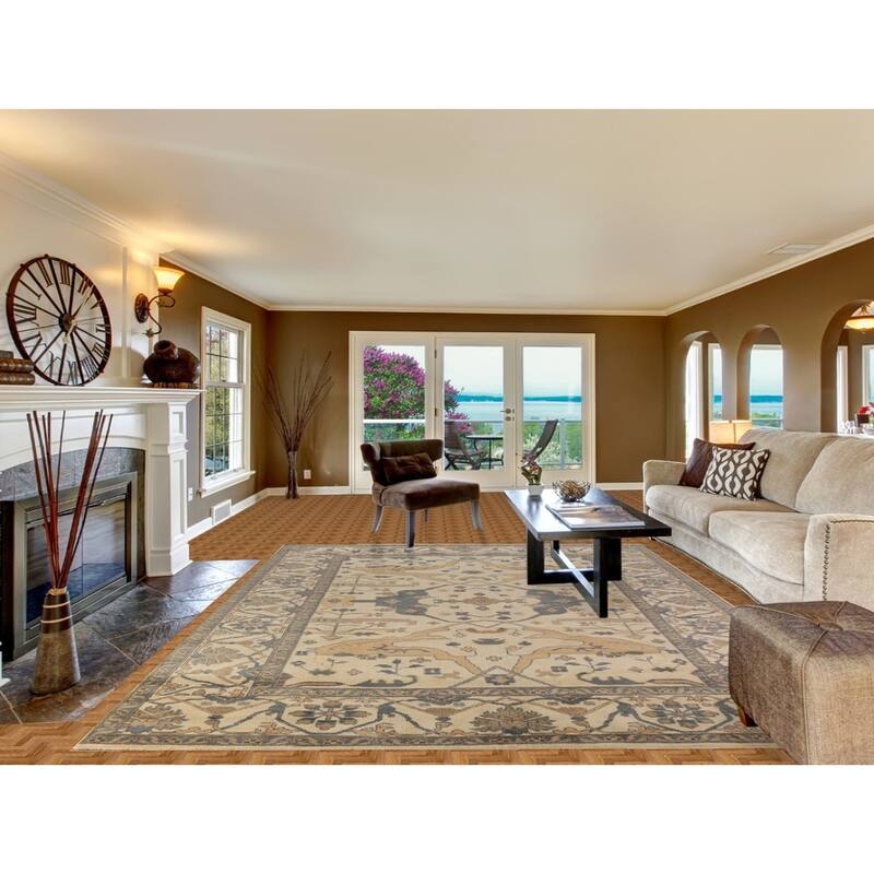 All-Over Ivory Oushak Area Rug Hand-Knotted Wool Carpet - 9'0"x 11'10"