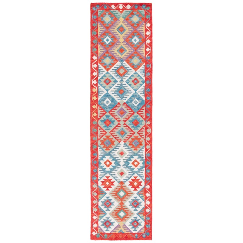 SAFAVIEH Handmade Aspen Bjarnveig Boho Wool Rug - 2'3" x 9' Runner - Red/Blue