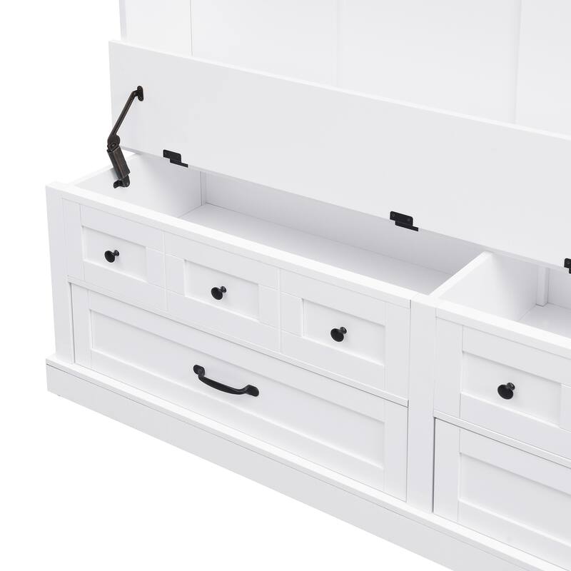 Wide Hall Tree with 5 Hooks, Entryway Lift Top Storage Bench with 2 Drawers, Wood 3-in-1 Coat Rack with Handles for Mudroom