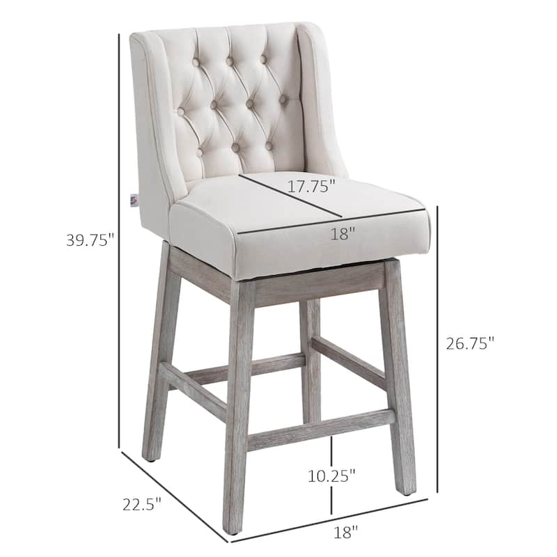Set of 2 Vintage Swivel Counter Height Bar Stools with Linen Upholstered and Rubber Wood Legs - 18" L x 22.5" W x 39.75" D