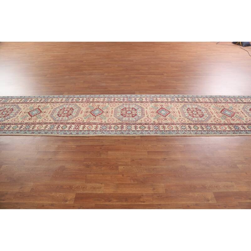 Hand Knotted Oriental 100% Wool Carpet Traditional Geometric Beige & Ivories Kazak Runner Rug - 12' 9'' X 2' 9''