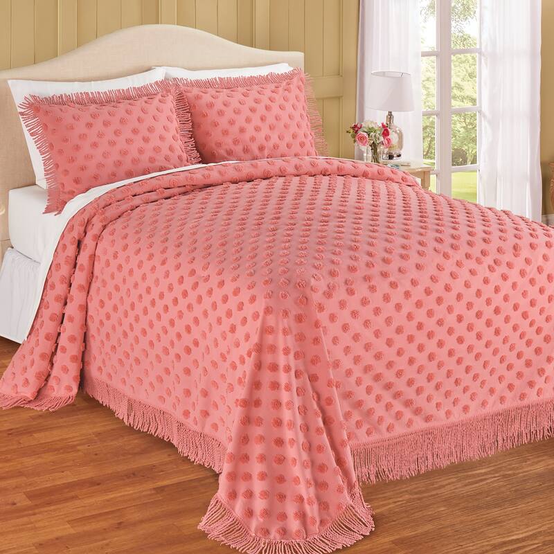 Polka Dot Design Plush Chenille Fringe Border Bedspread - Coral - Queen