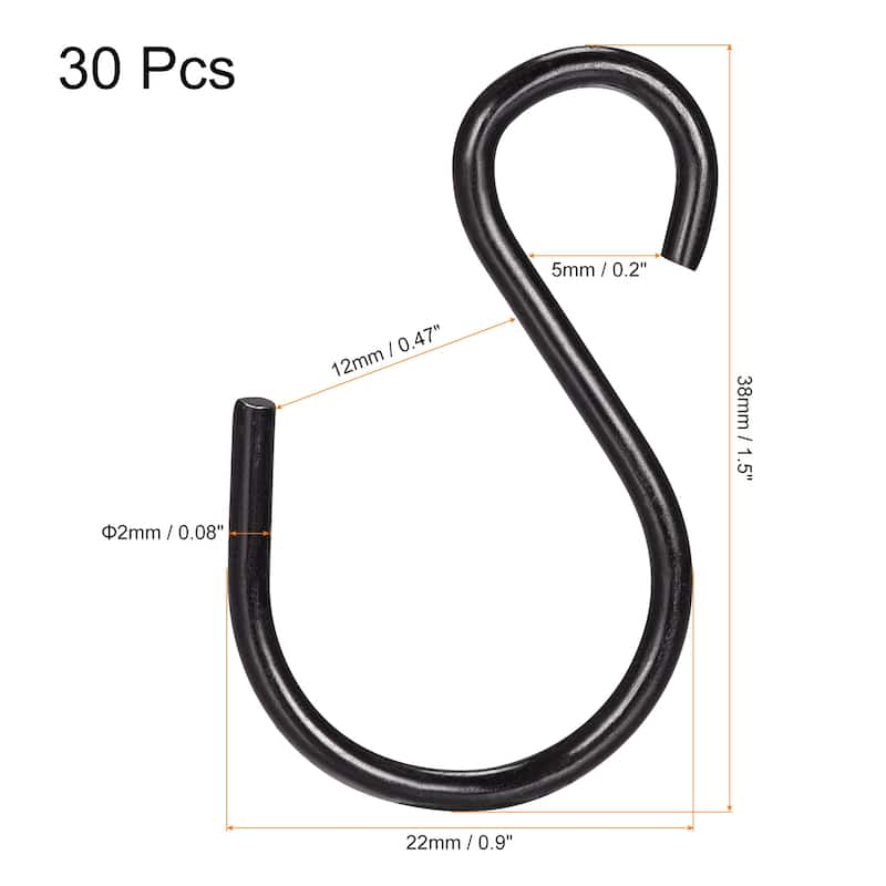 30pcs S Hanging Hooks 1.5 x 0.9 Inch S Shaped Hanger Black - Black