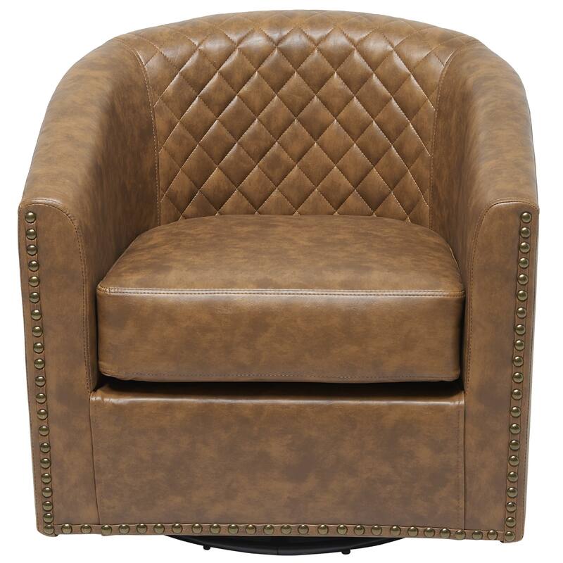 KINWELL 29" Wide Tufted PU Leather Swivel Barrel Chair