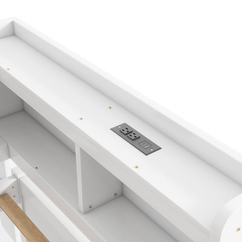 Wooden Platform Sofa Bed Frame with L Shaped Bookcase and Charging Station, Living Room Corner Daybed with 2 Storage Drawers