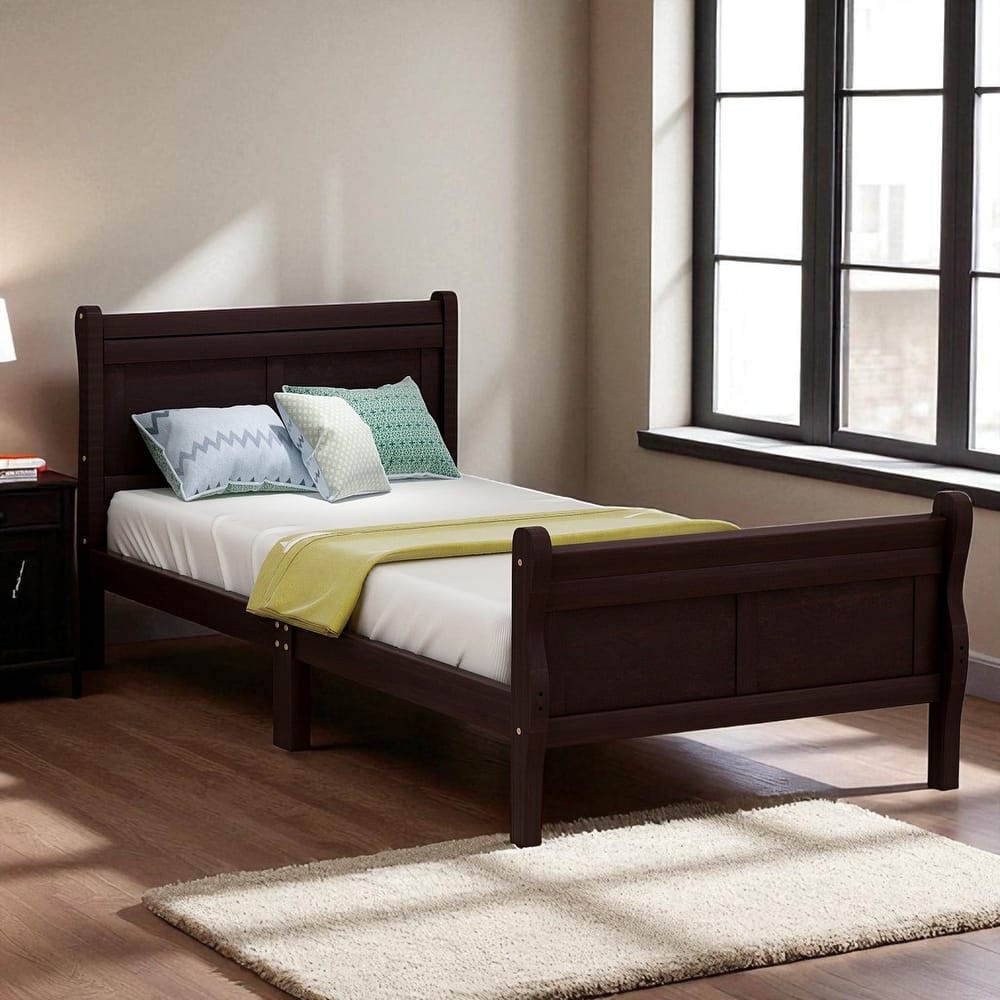 Twin Size Wood Platform Bed Frame with Slat Support, Sleigh Headboard and Footboard, No Box Spring Needed
