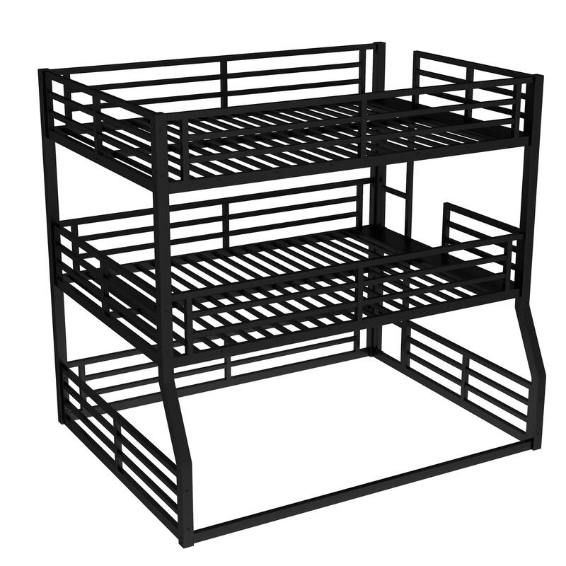Roomfitters Fullover Full over Queen Metal Triple Bunk Bed with Safety Guardrails, Heavy-Duty Noise-Reduced Frame, Black