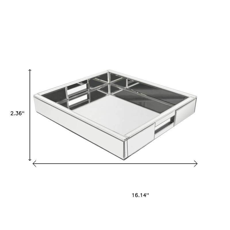 HomeRoots 16" Silver Mirrored Glass Serving Tray With Handles - 16.14 in. x 14.17 in. x 2.36 in.