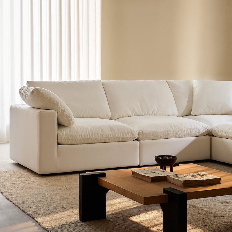 Square Arm Linen Fabric Rectangle Sectional Sofa Combination Sofa in Pearl White