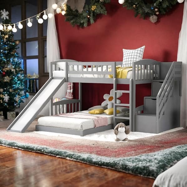 slide 2 of 17, Twin over Twin Bunk Bed with Two Drawers and Slide, Grey Grey