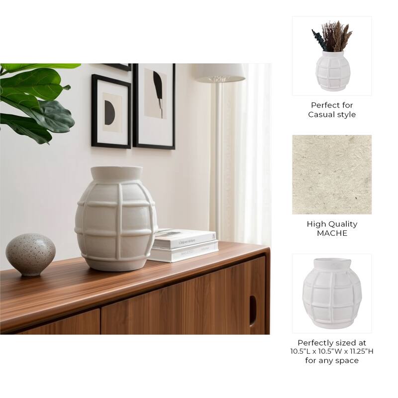 Paper Mache Vase Raised Grid Texture Modern Design - 11" White
