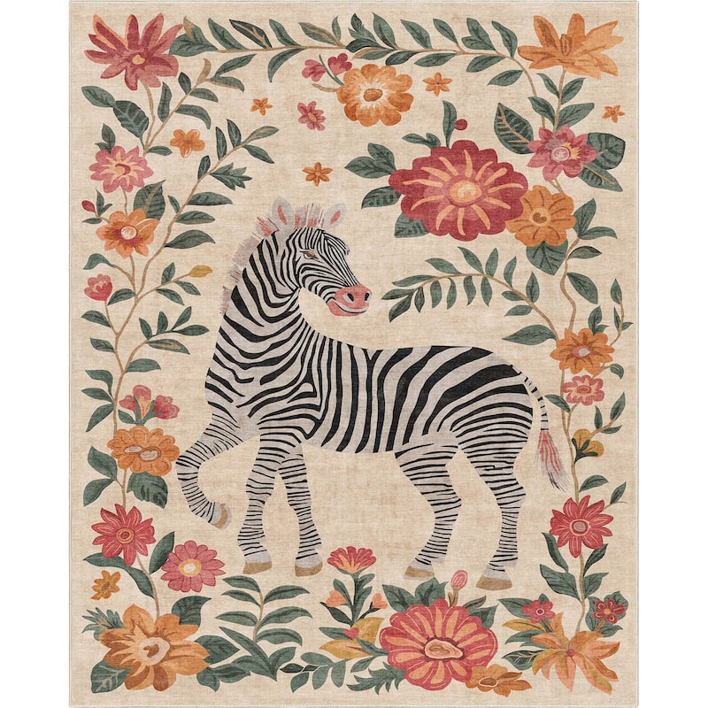 Well Woven Apollo Zebra Floral Animal Print Modern Flat Pile Area Rug
