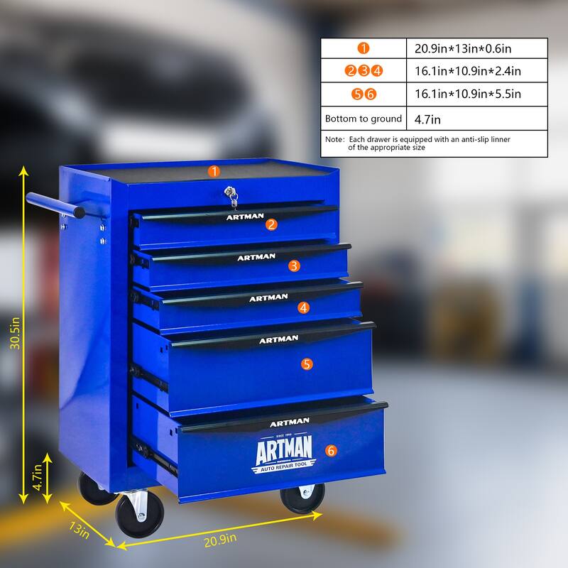 Rolling Metal Tool Cart with 5 Drawers and Ball Bearing Drawer Slides