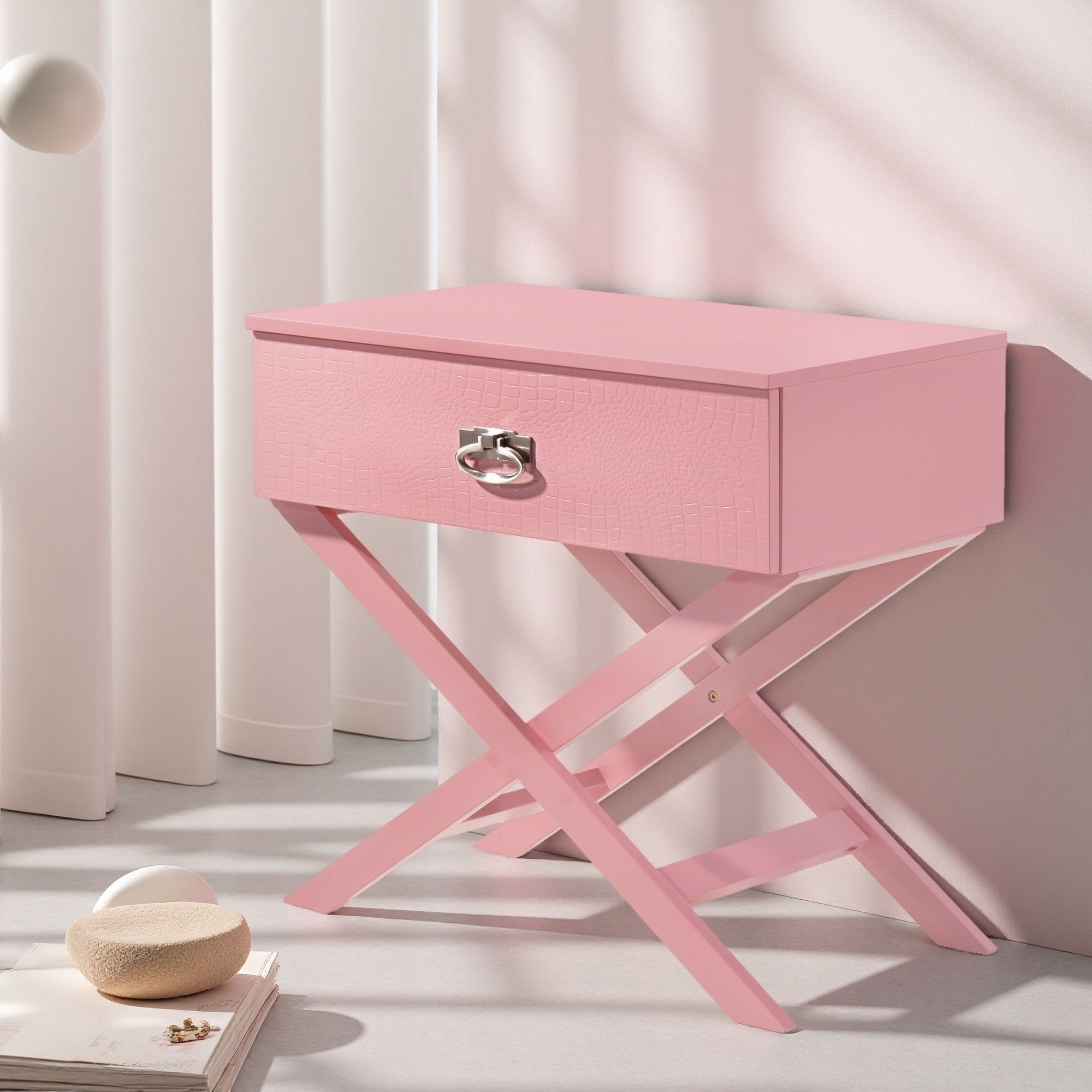 27"L Oak Contemporary Nightstand with Single Drawer, Croc Textured Front and Modern Design