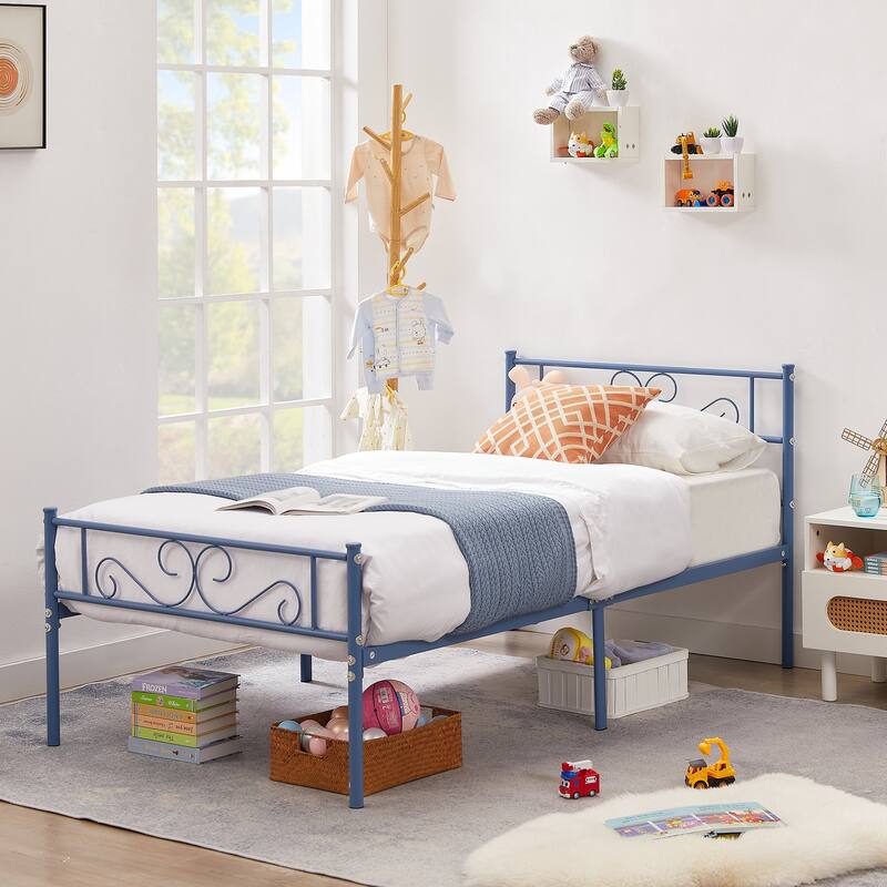 VECELO Kids Bed Frame Set of 2, Metal Bed Frame with Headboard, Twin Size Platform Bed