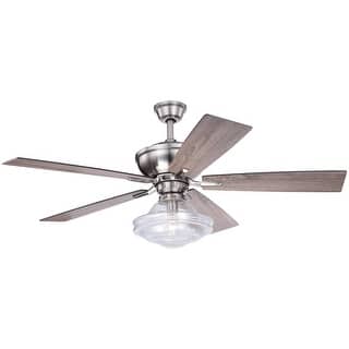 Huntley 52 in. Satin Nickel Ceiling Fan with Reversible Driftwood-Dark Maple Blades, LED Light Kit and Remote, Schoolhouse Shade