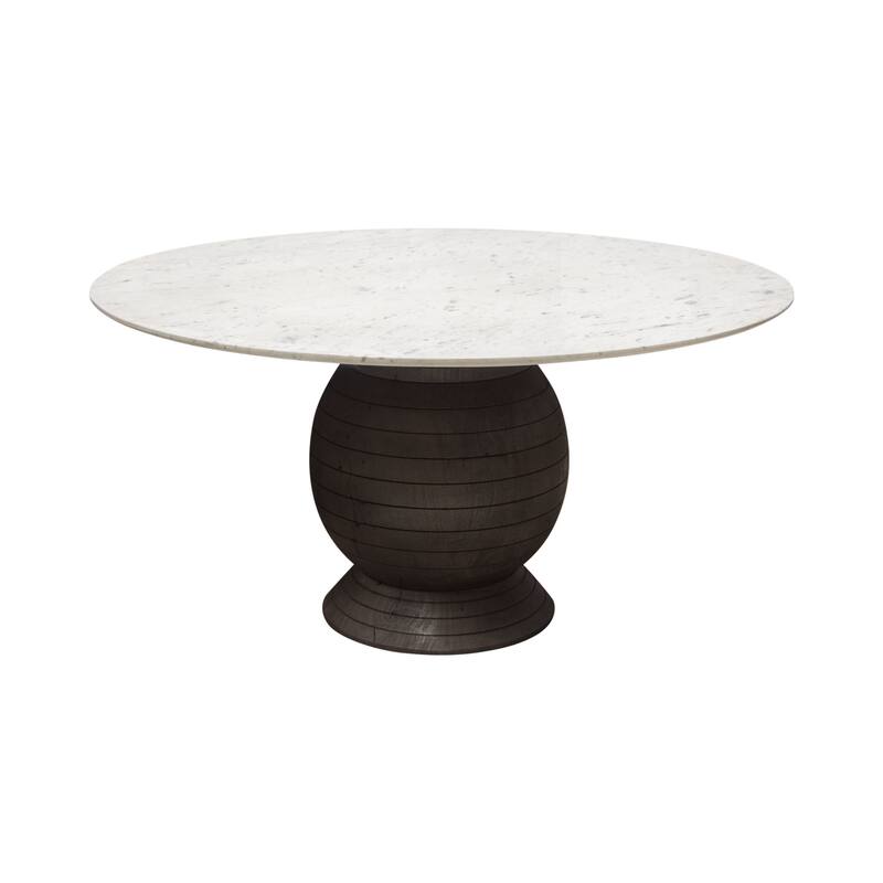 Hizy Dining Table, 60 Inch, Round White Marble Top, Acacia Wood Base - White, Espresso Brown