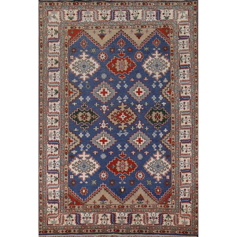 Blue Geometric Kazak Oriental Area Rug Handmade Wool Carpet - 8'0" x 9'11"