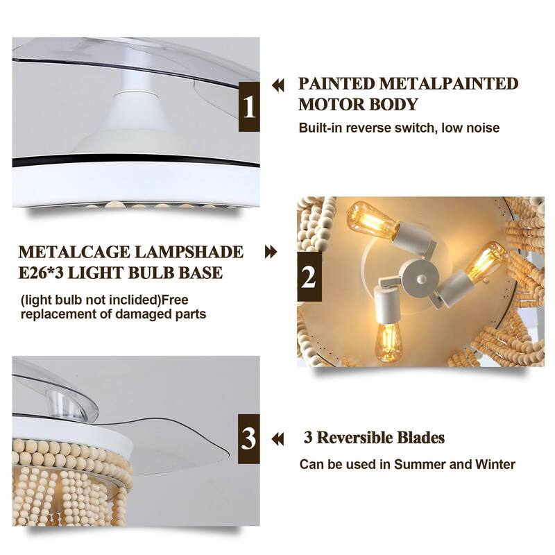 Bella Depot 42" Bohemian Retractable Ceiling Fan with Remote and Light 6-speed Modern Wood Chandelier
