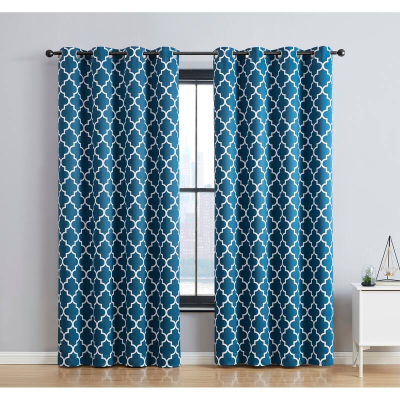 HLC.me Lattice Geometric Blackout Thermal Privacy Room Darkening Grommet Window Drapes Curtain Panels - Set of 2 - 52 W x 63 L per panel - Pair - Dark Teal Blue