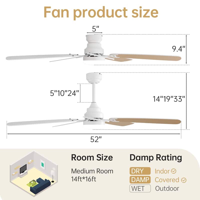 52" Wooden 6-Speed Noiceless Reversible DC Motor Ceiling Fan with Light and Remote