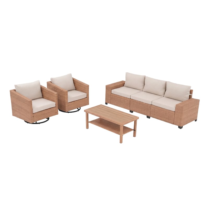 4-Piece Outdoor Conversation Set with Swivel Chair and 3-Seater Sofa with Soft Cushion and Coffee Tables PE Wicker Rattan