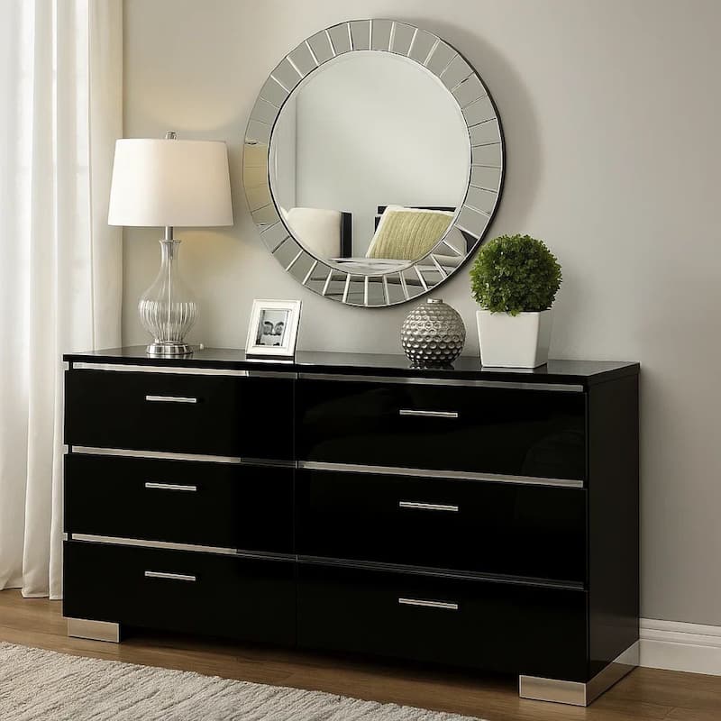 63 Inches 6 Drawer Dresser with Metal Legs, Black and Chrome